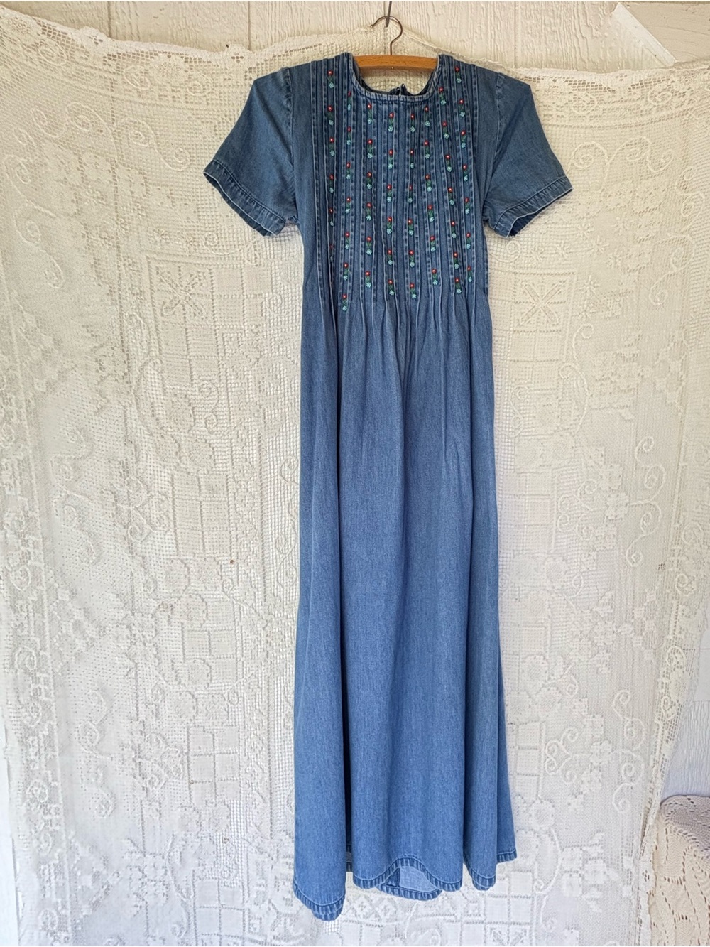 Vintage 90s Blue Denim Maxi Dress with Embroidered Bodice
